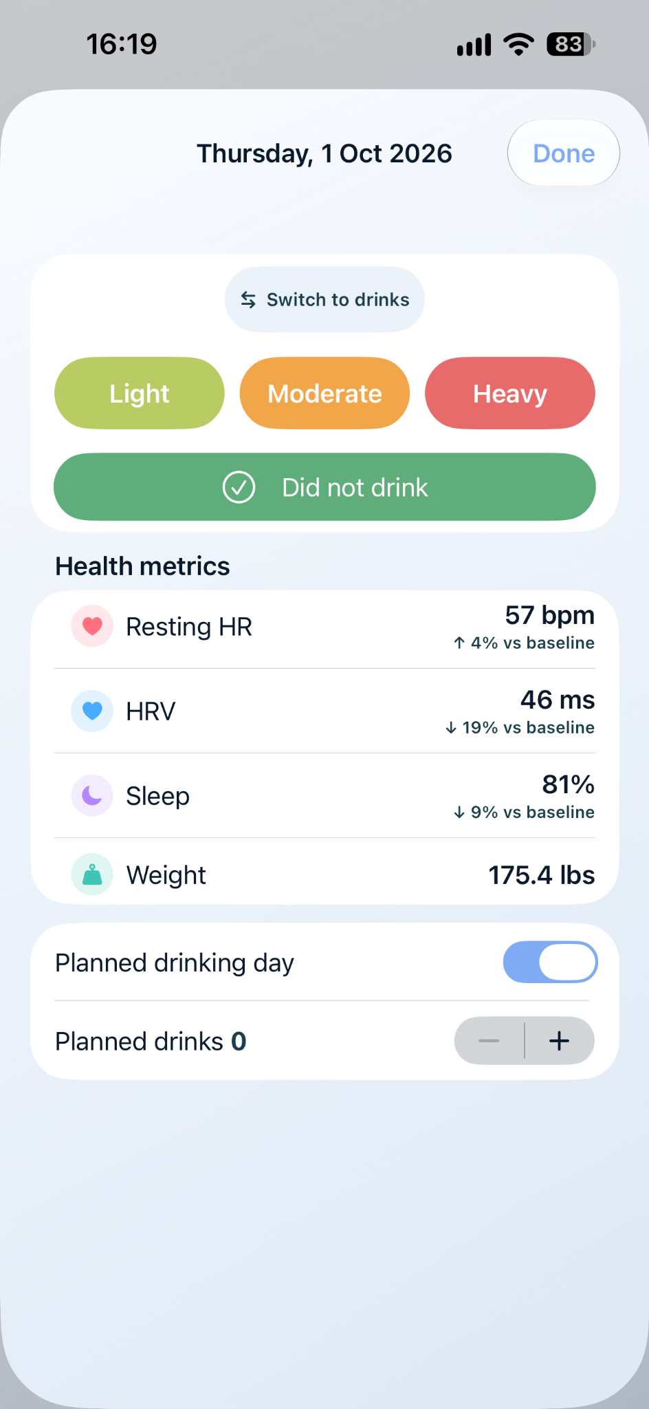 aftermira day logging screen with intensity choices, Health metrics and a planned drinking-day control